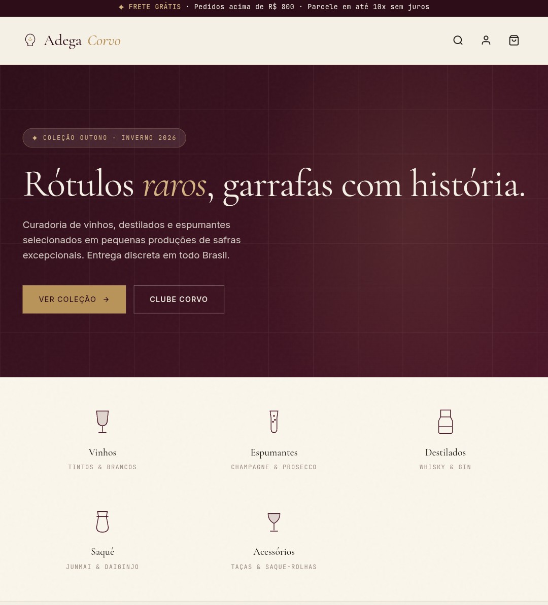 Loja virtual Adega Corvo — vinhos e destilados